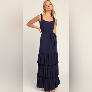 Lulus Romantic Dreams Navy Blue Ruffled Tiered Swiss Dot Maxi Dress